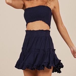 Showpo Navy Blue Smocked Strapless Crop Top & Ruffle Mini Skirt Set